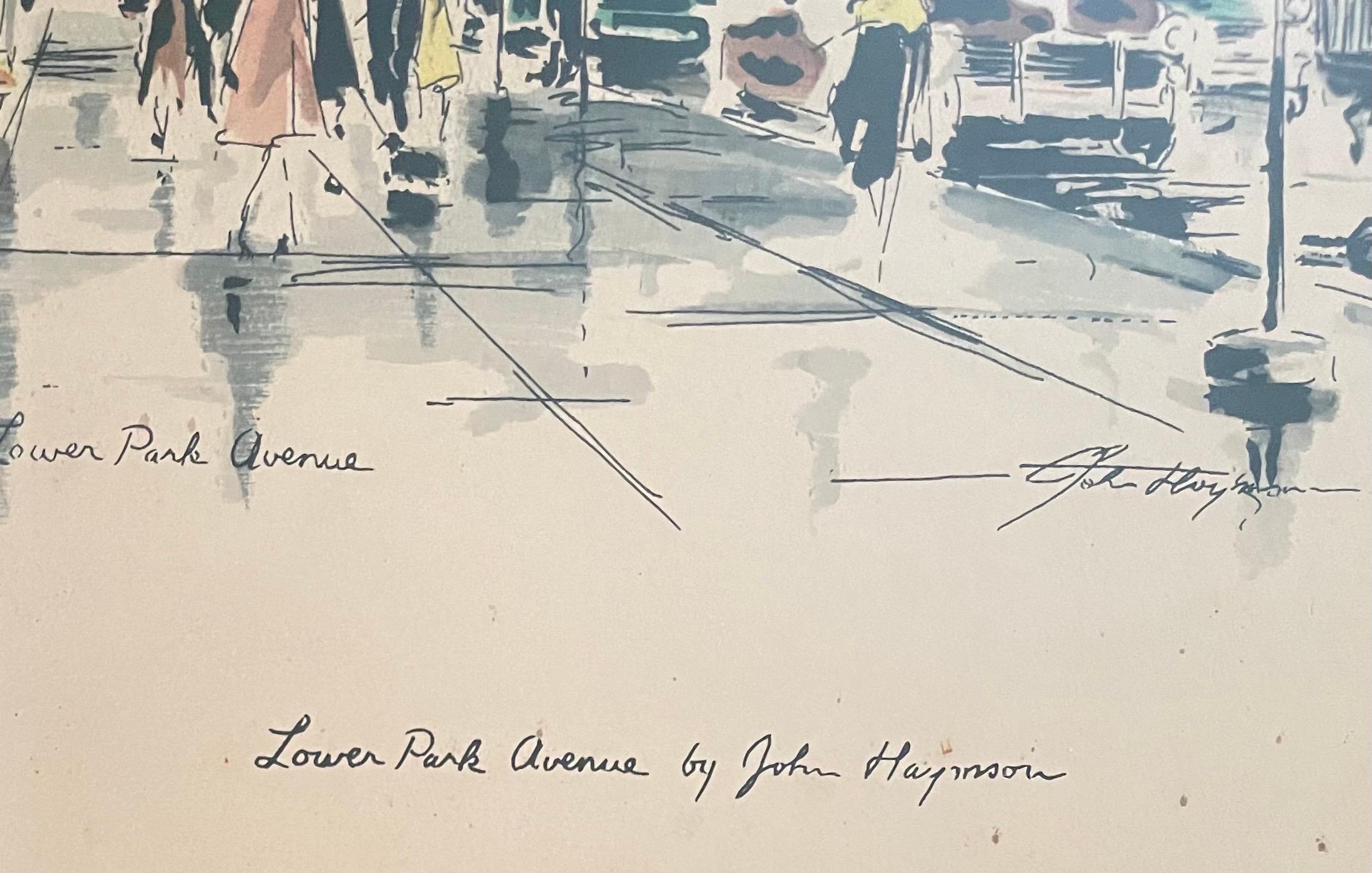 Mid-Century Modern MCM Cityscape Lithograph of The Waldorf Astoria / Park Avenue by John Haymson