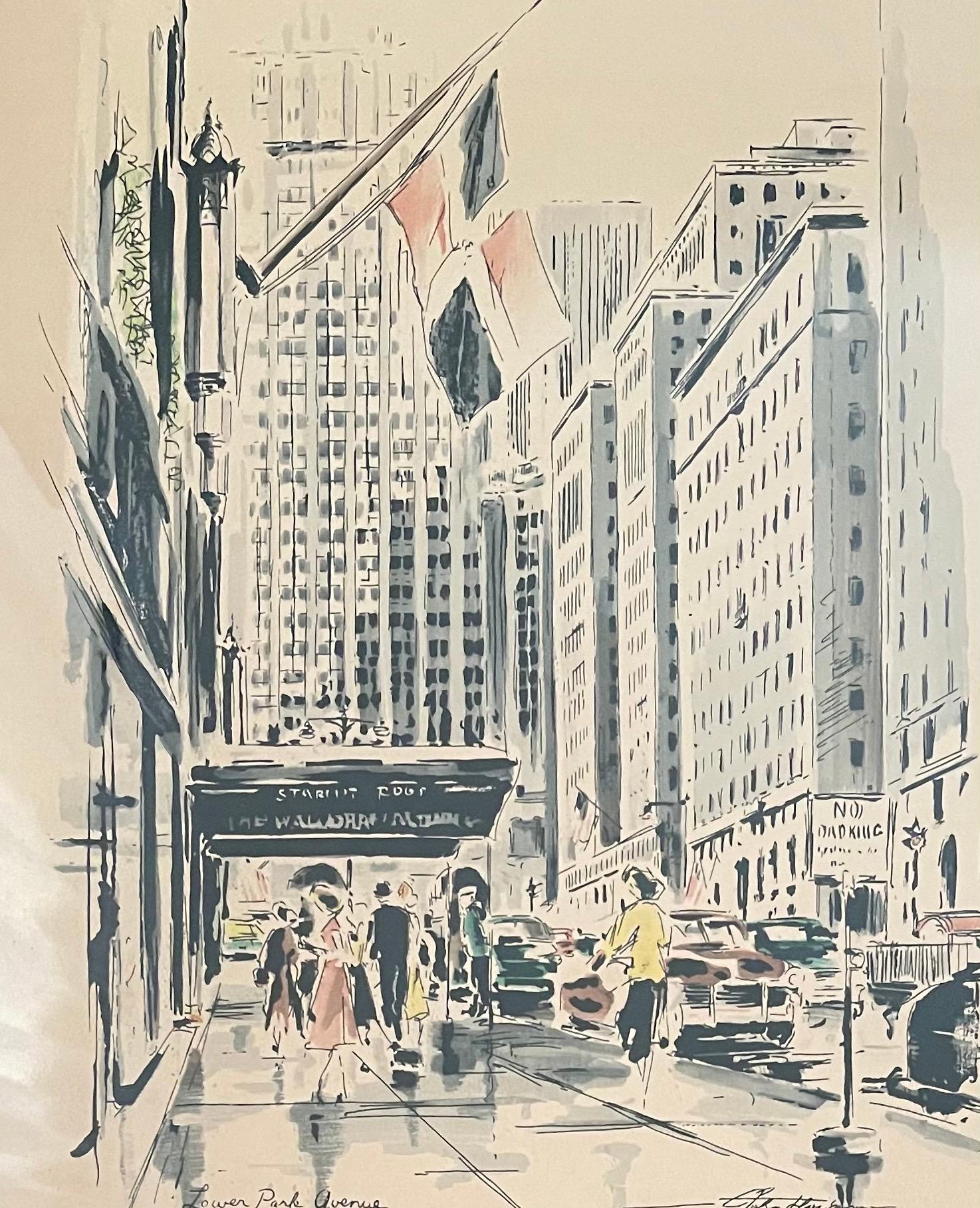 American MCM Cityscape Lithograph of The Waldorf Astoria / Park Avenue by John Haymson