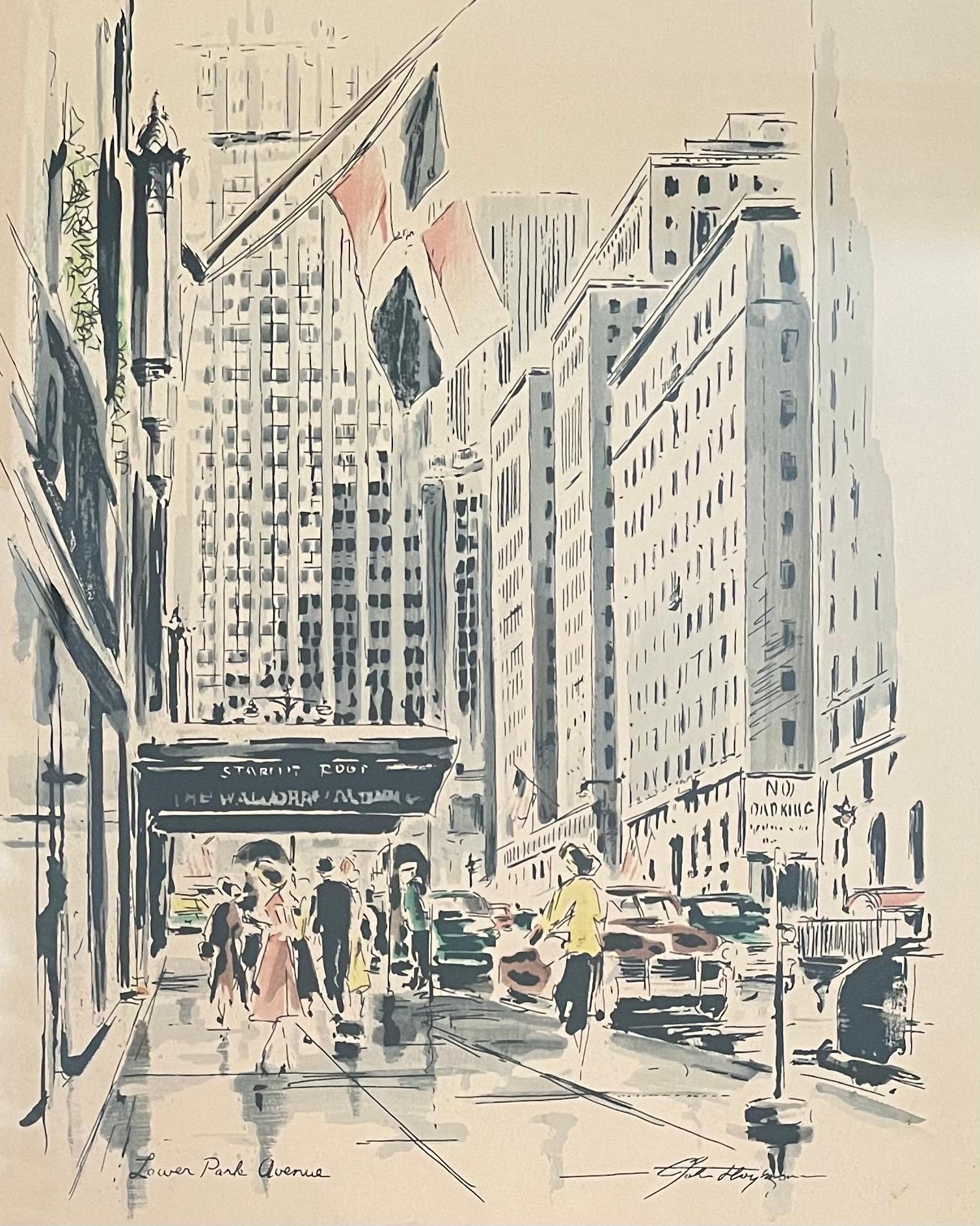 MCM Cityscape Lithograph of The Waldorf Astoria / Park Avenue by John Haymson In Fair Condition In San Diego, CA