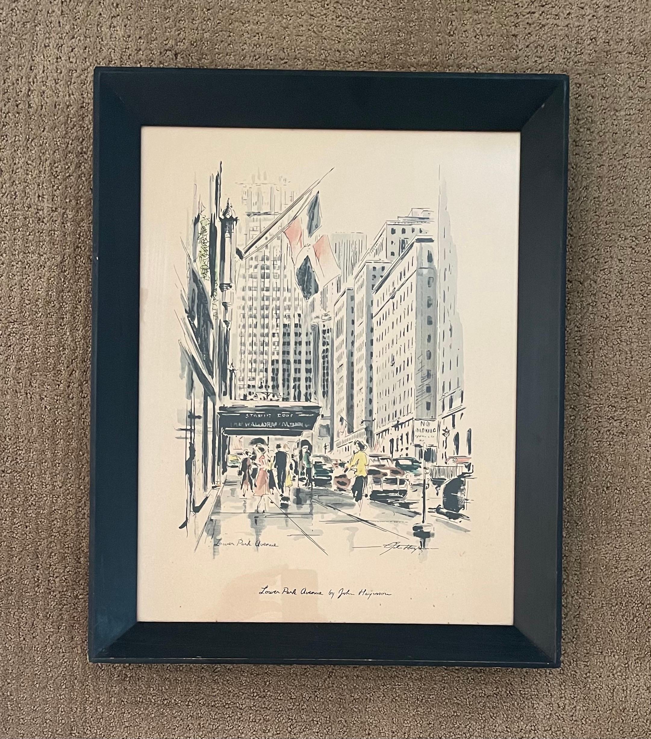 20th Century MCM Cityscape Lithograph of The Waldorf Astoria / Park Avenue by John Haymson