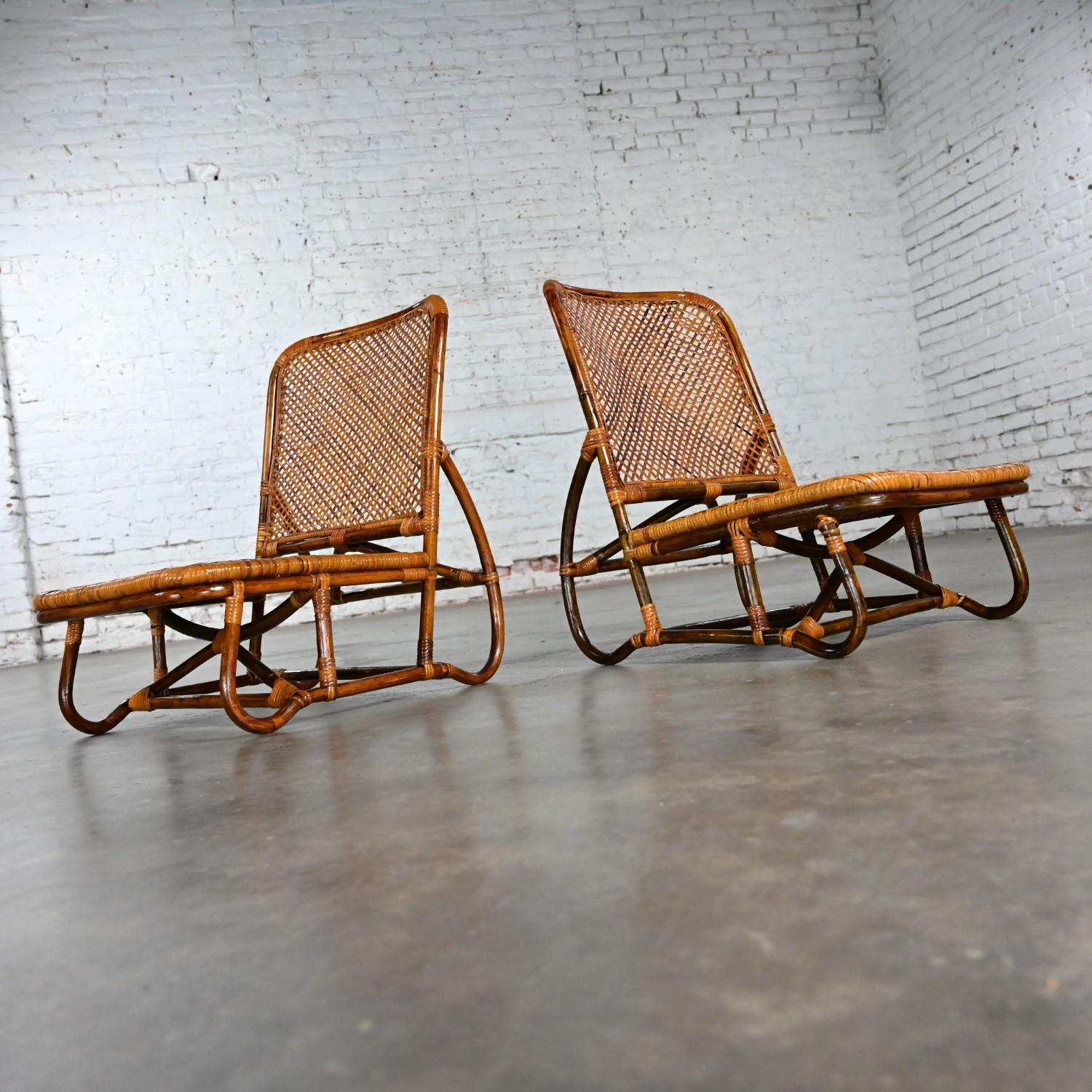 MCM Coastal Rattan & Wicker Low Legless or Zaisu Lounge Chairs Style Calif Asia In Good Condition For Sale In Topeka, KS