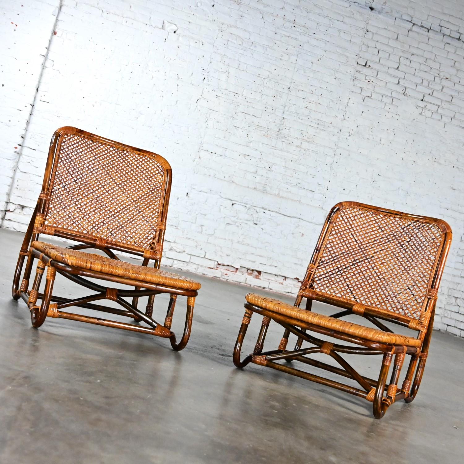 MCM Coastal Rattan & Wicker Low Legless or Zaisu Lounge Chairs Style Calif Asia In Good Condition For Sale In Topeka, KS