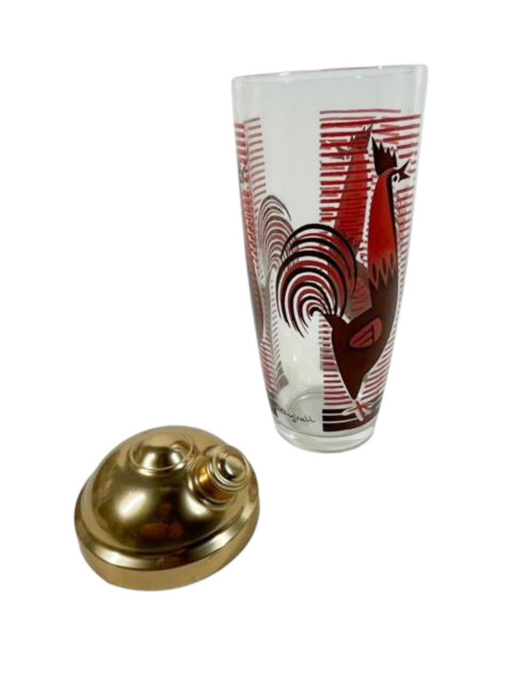 American MCM Cocktail Shaker Signed Dyball with Stylized Brown & Orange Roosters For Sale