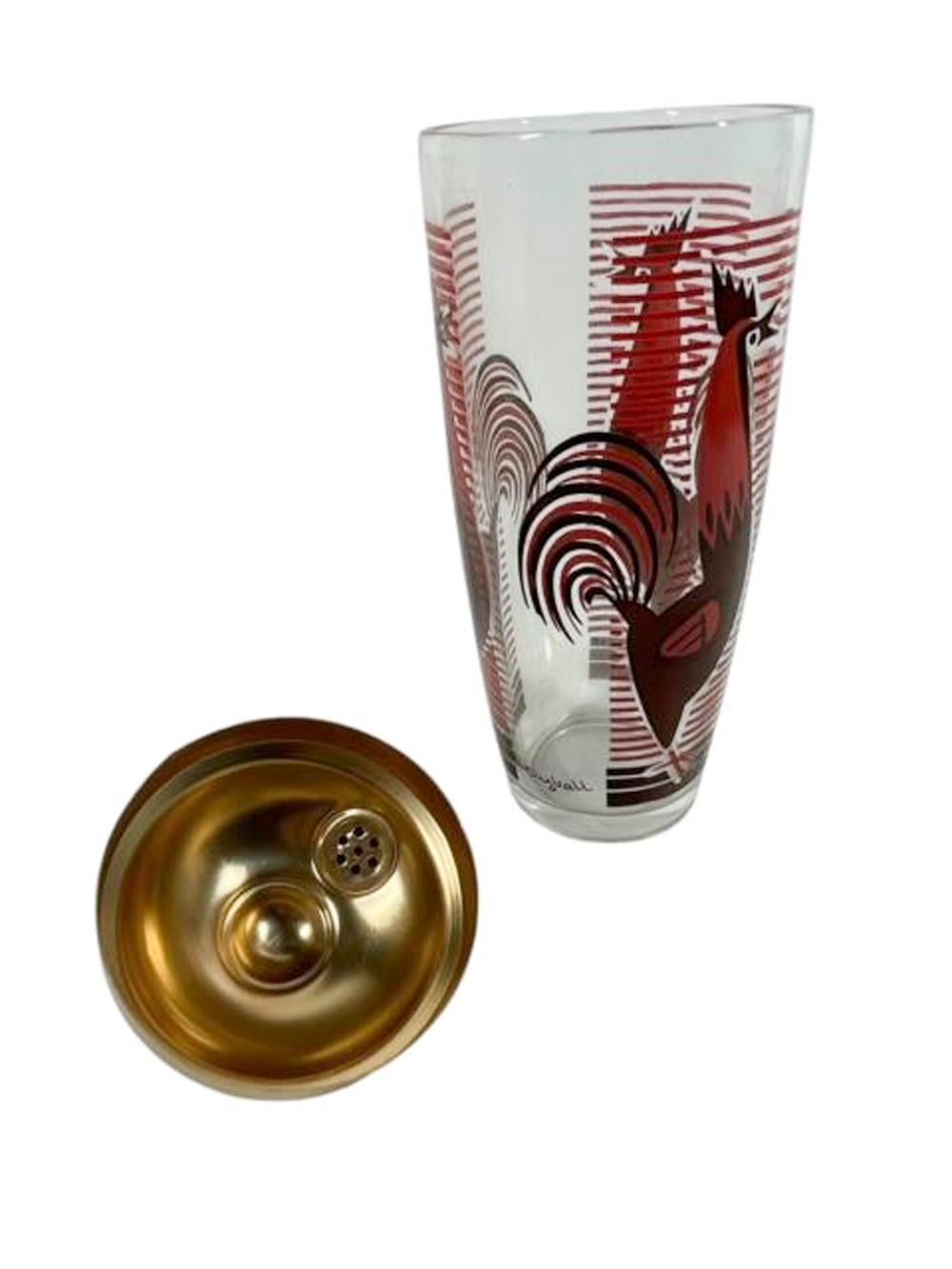 MCM Cocktail Shaker Signed Dyball with Stylized Brown & Orange Roosters In Good Condition For Sale In Chapel Hill, NC
