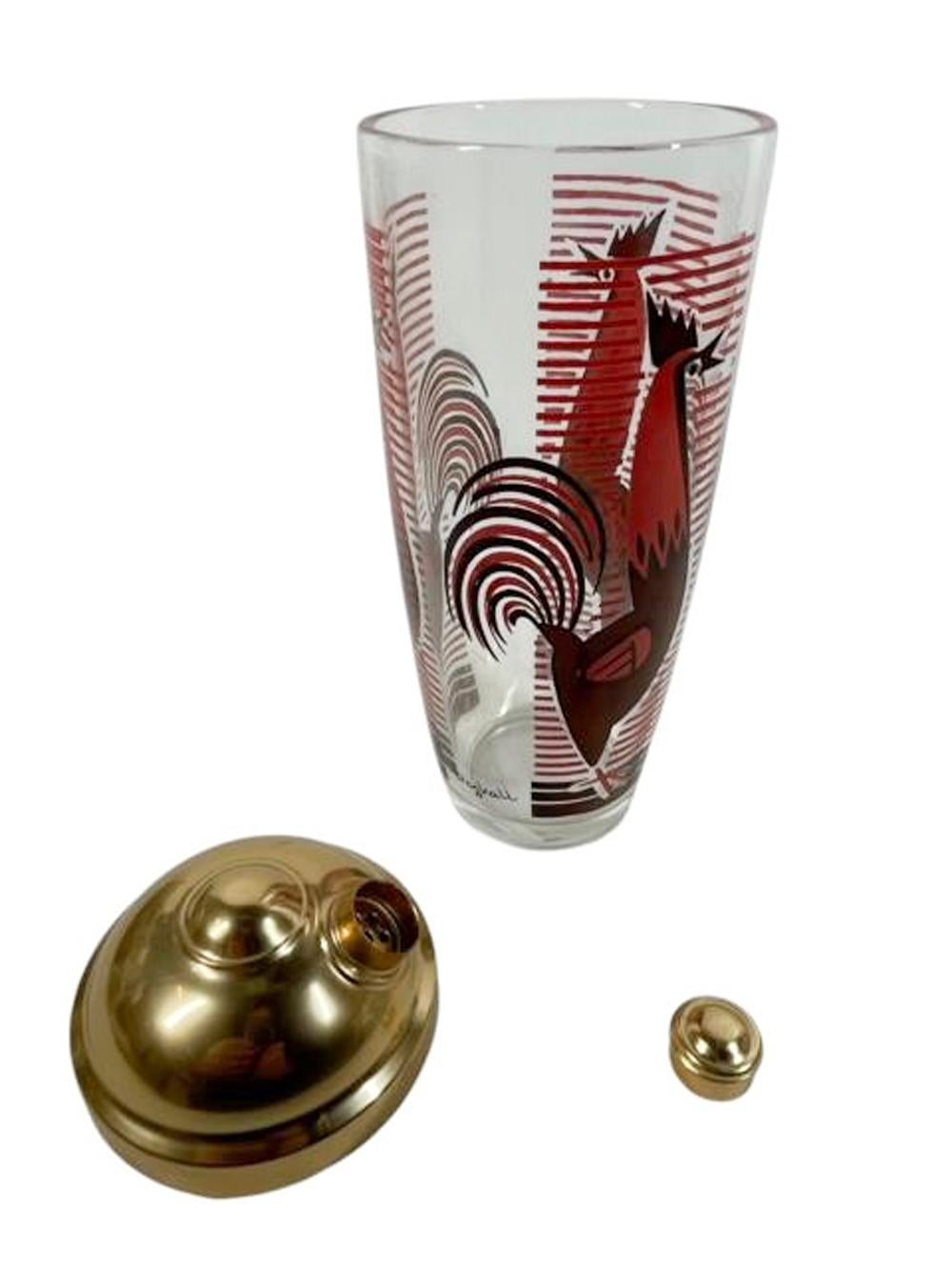 20th Century MCM Cocktail Shaker Signed Dyball with Stylized Brown & Orange Roosters For Sale