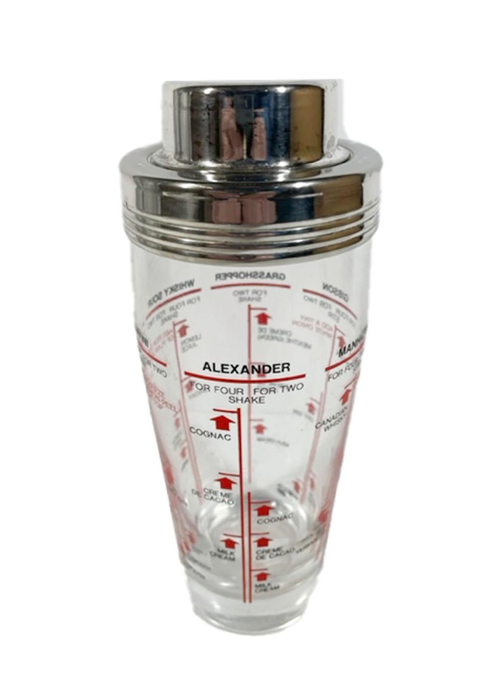 Vintage six recipe cocktail shaker with silver plate, center-pour lid and decorated in red and black enamel with the cocktail names printed above the ingredients with lines for amounts - some with different measures on either side of the vertical