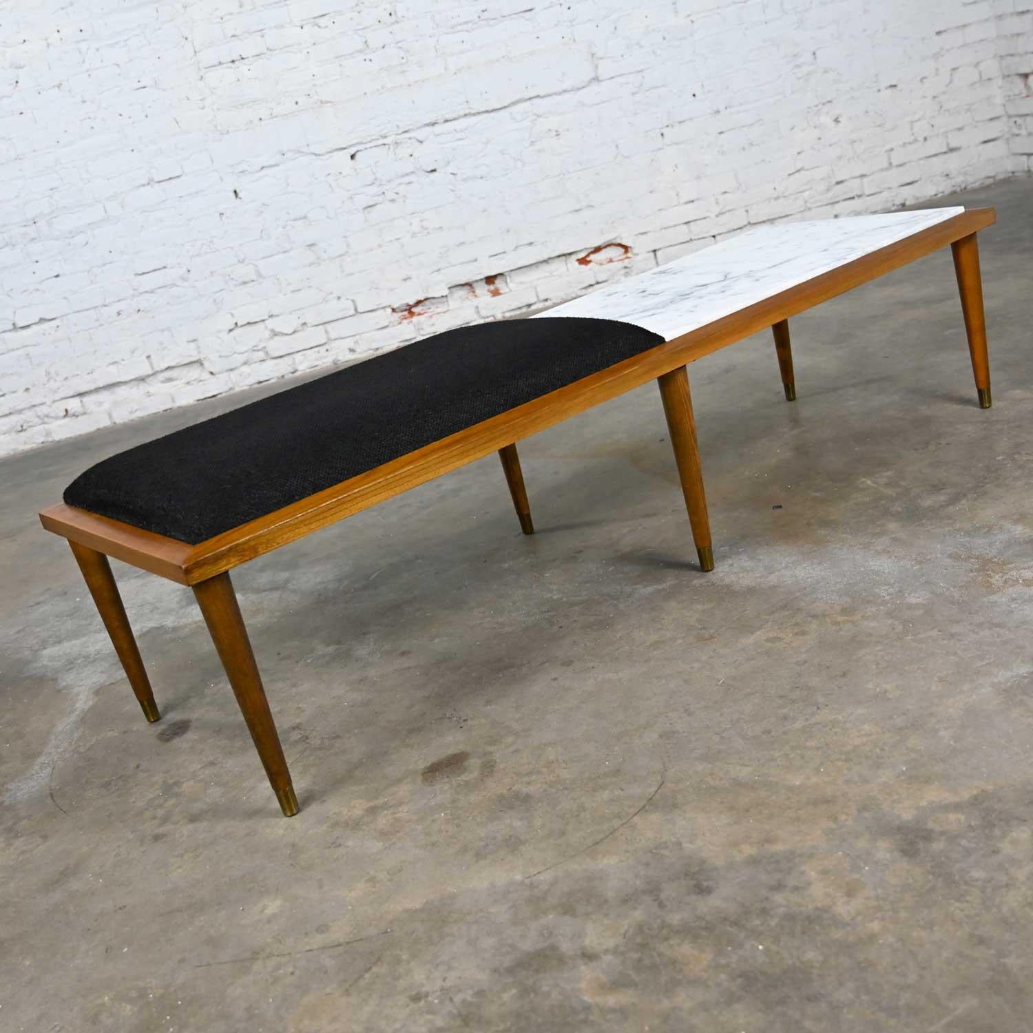 Metal MCM Coffee Table Bench Combo Italian Carrera Marble Top & Black Hopsacking Seat