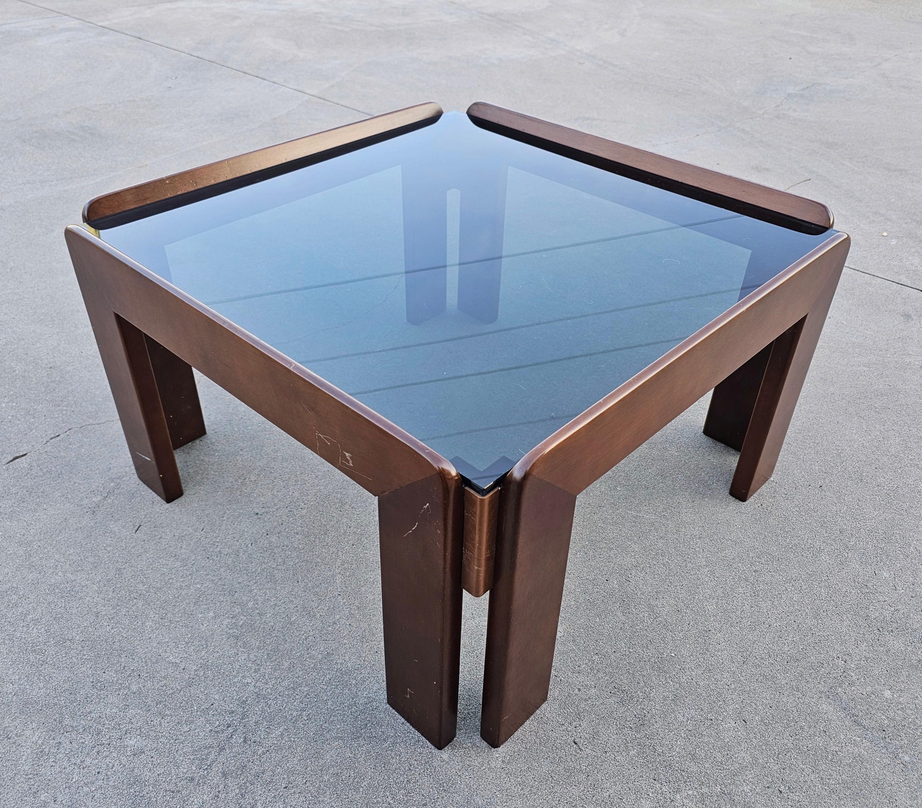 Mid-Century Modern MCM Coffee Table in Walnut and Smoke Glass by Afra and Tobia Scarpa, Italy 1960s For Sale