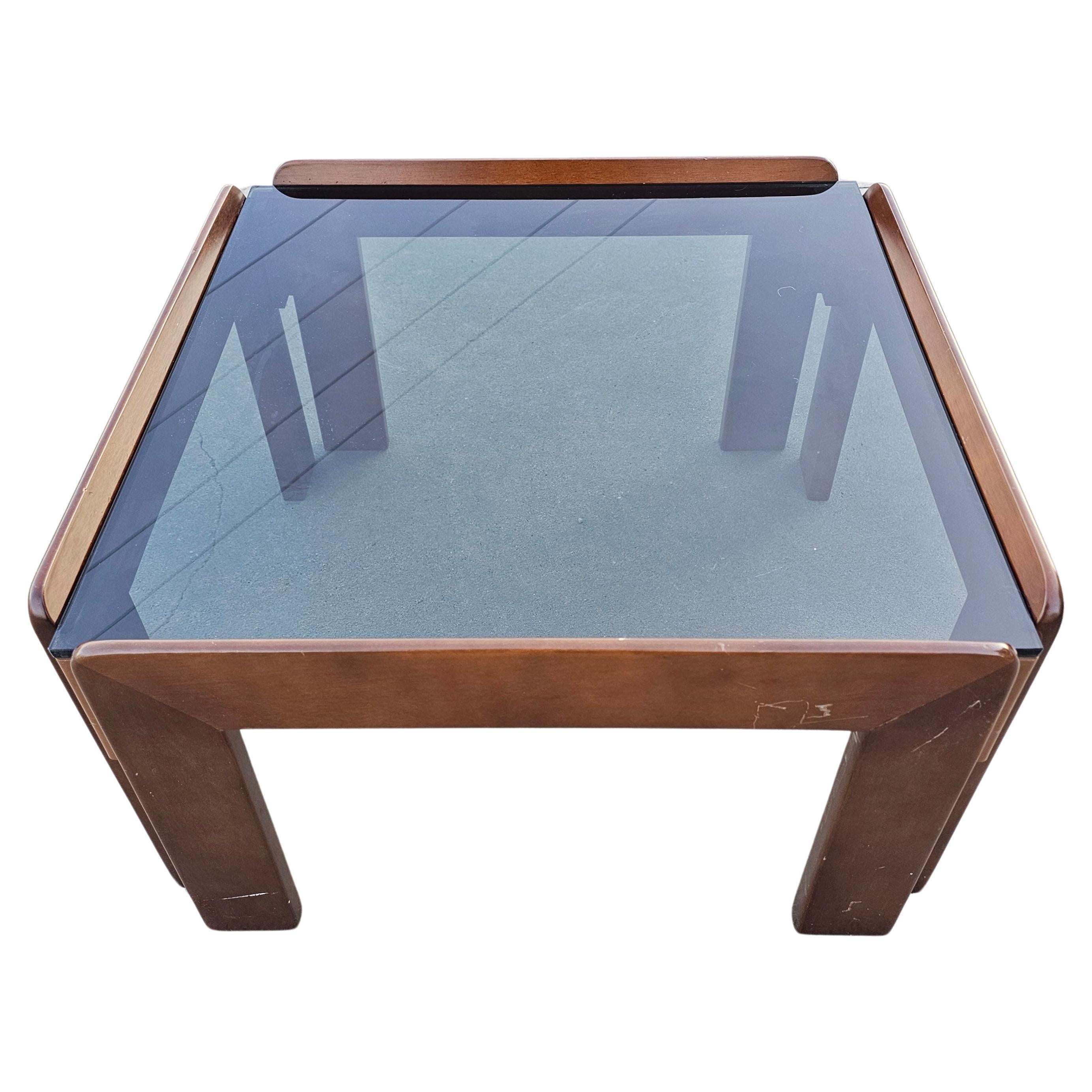 MCM Coffee Table in Walnut and Smoke Glass by Afra and Tobia Scarpa, Italy 1960s For Sale