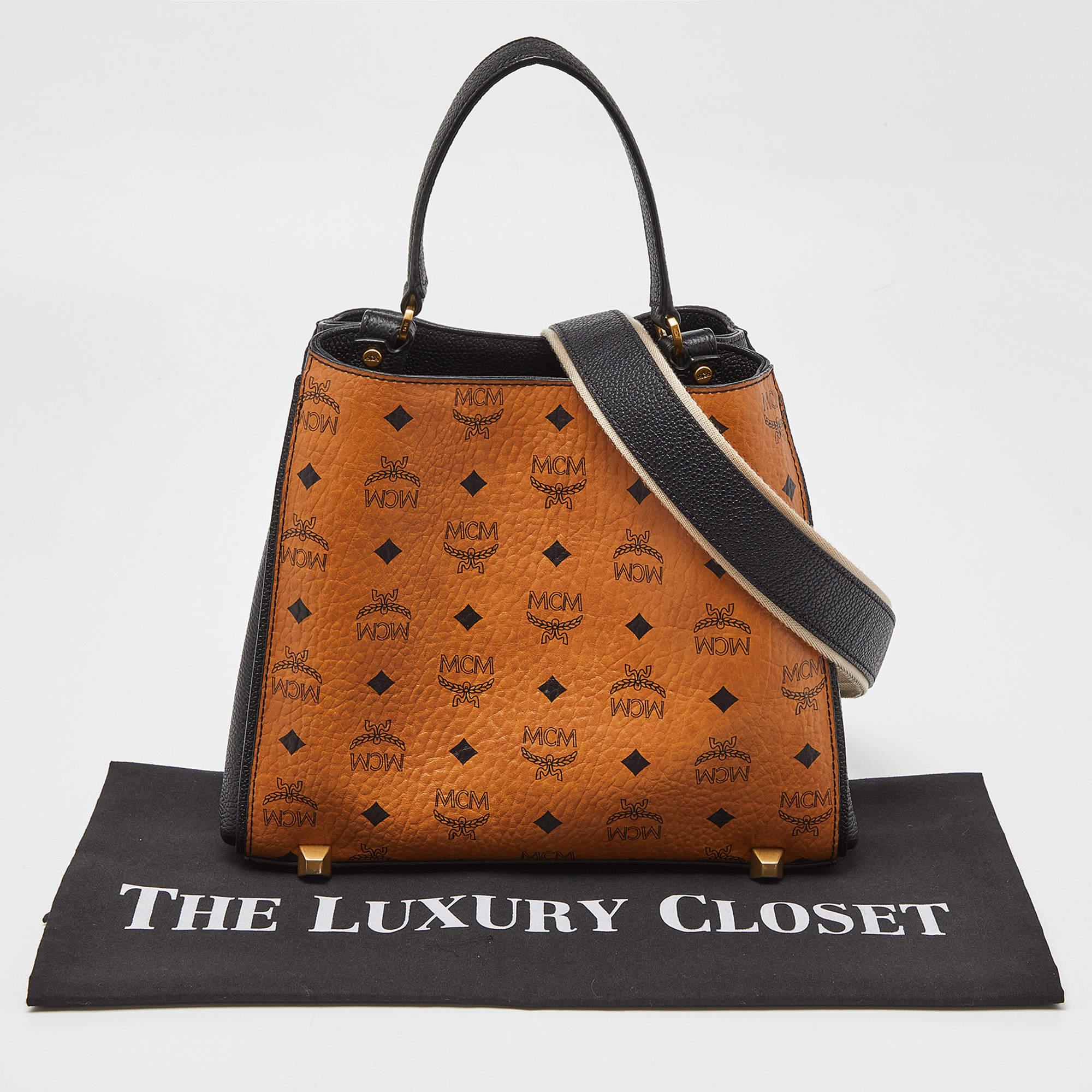 MCM Cognac Black Visetos Coated Canvas and Leather Corina Tote at 1stDibs