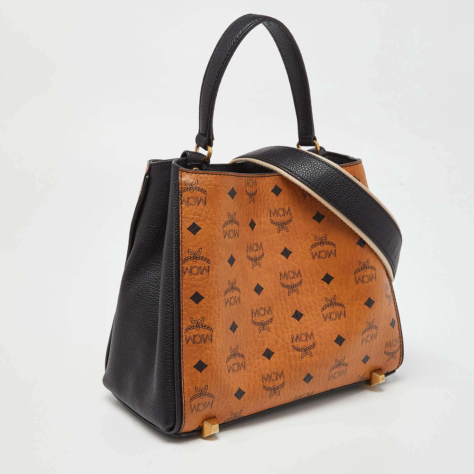 Women's MCM Cognac/Black Visetos Coated Canvas and Leather Corina Tote