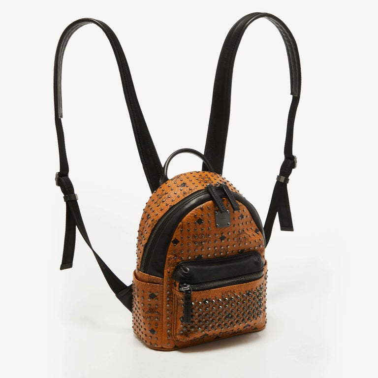 MCM Cognac/Black Visetos Coated Canvas and Leather Studded Backpack For  Sale at 1stDibs