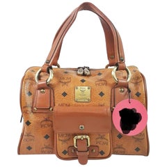 MCM Cognac Monogam Visetos Boston 867451 Brown Coated Canvas Satchel