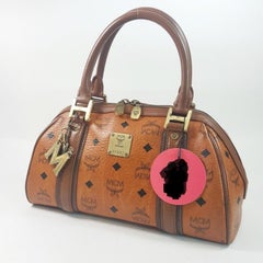 MCM Cognac Monogram Visetos Boston 867453 Brown Coated Canvas Tote