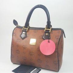 MCM Cognac Monogram Visetos Boston 867552 Brown Coated Canvas Tote