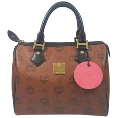 MCM Cognac Monogram Visetos Boston 867552 Brown Coated Canvas Tote