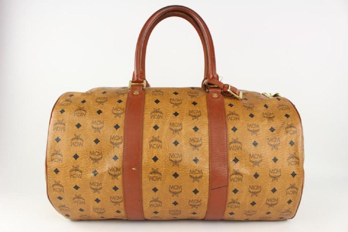 Brown MCM Cognac Monogram Visetos Boston Duffle Bag with Strap 1025m7 For Sale