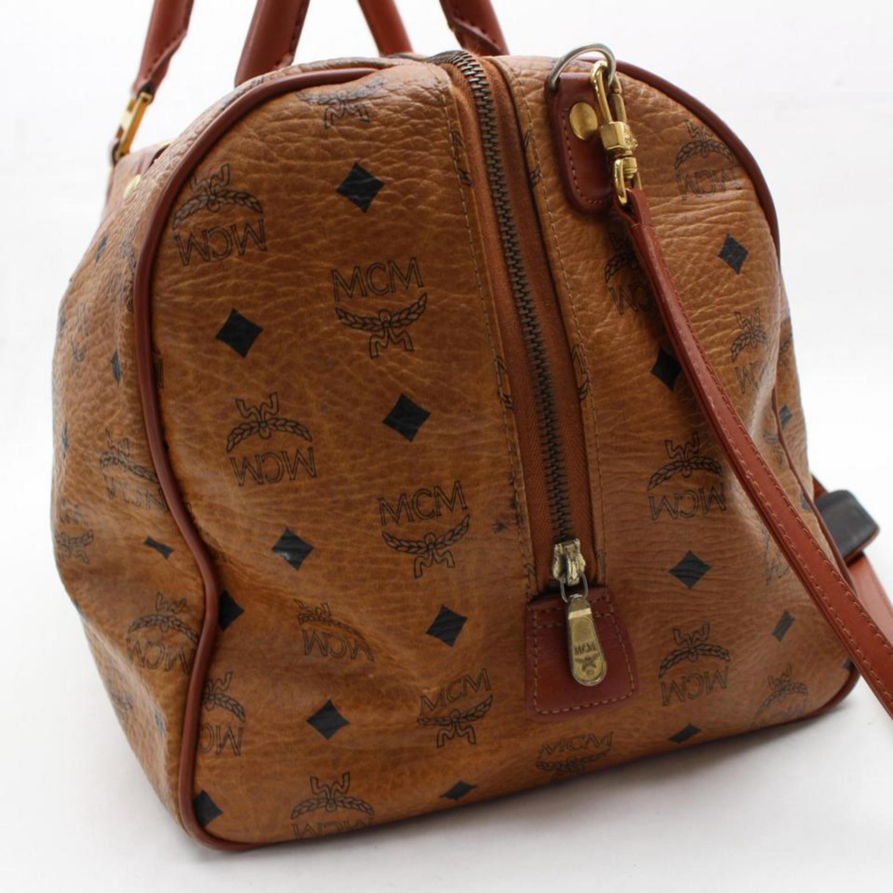 MCM Cognac Monogram Visetos Boston Duffle with Strap 867855 Brown Coated Canvas  For Sale 3