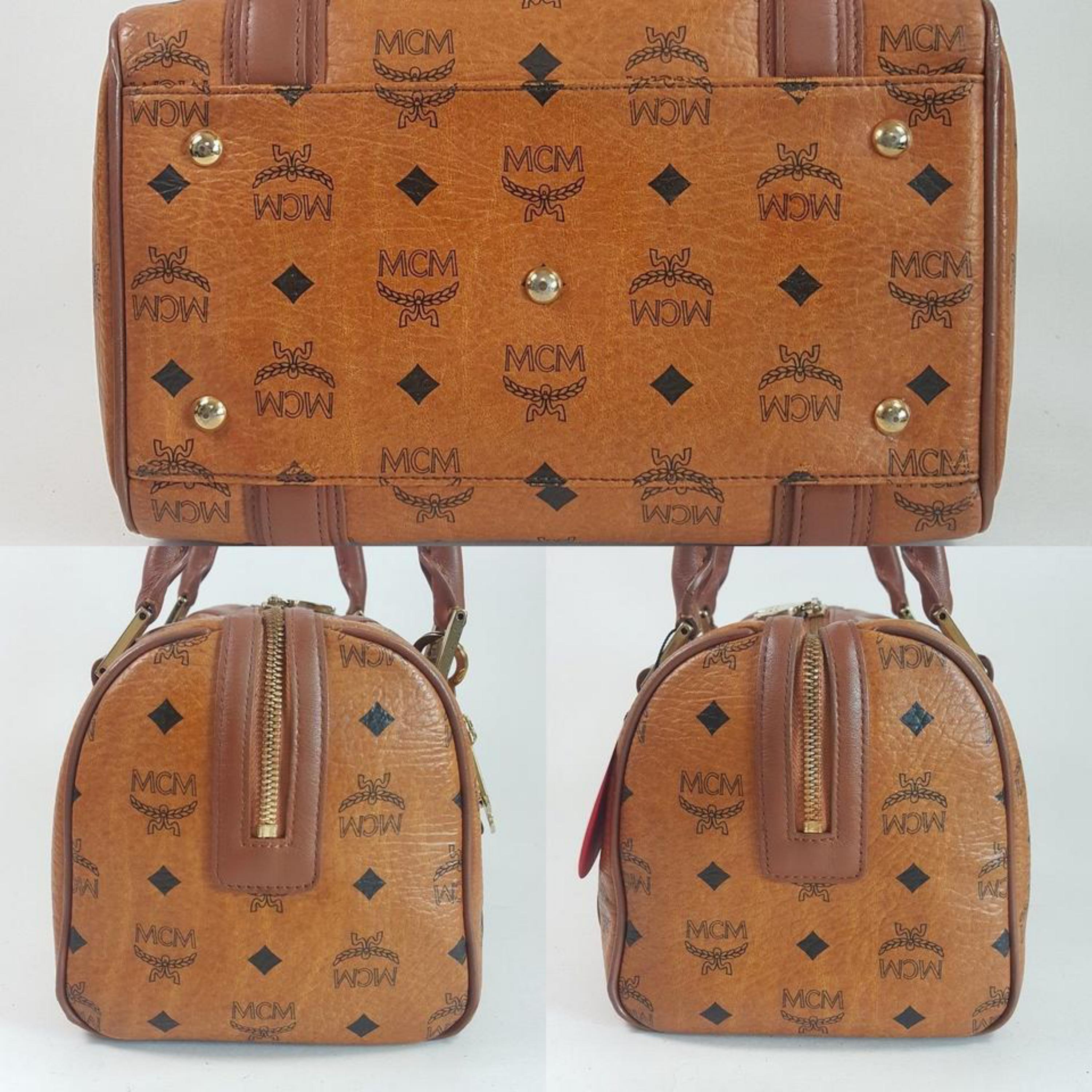 MCM Cognac Monogram Visetos Boston with Charm 867551 Brown Coated Canvas Satchel For Sale 5