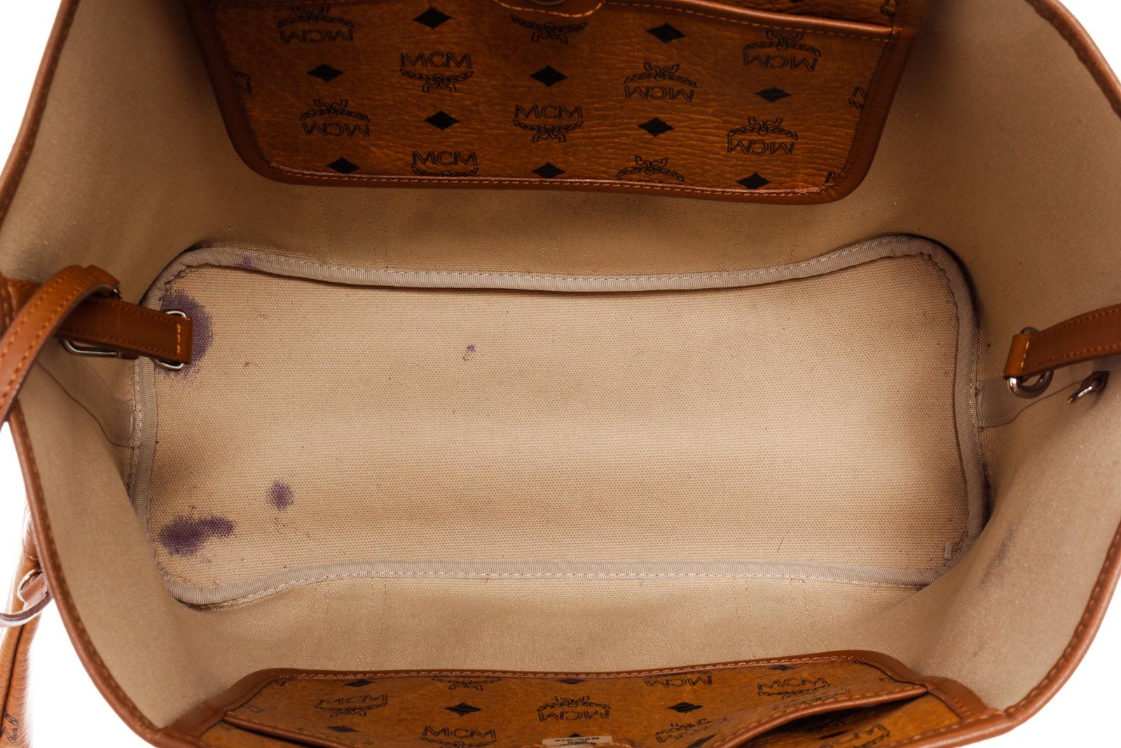 MCM Cognac Monogram Visetos Canvas Leather Shopper Tote Bag In Good Condition In Irvine, CA