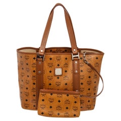 MCM Cognac Monogramm Visetos Segeltuch Leder Shopper Tote Bag