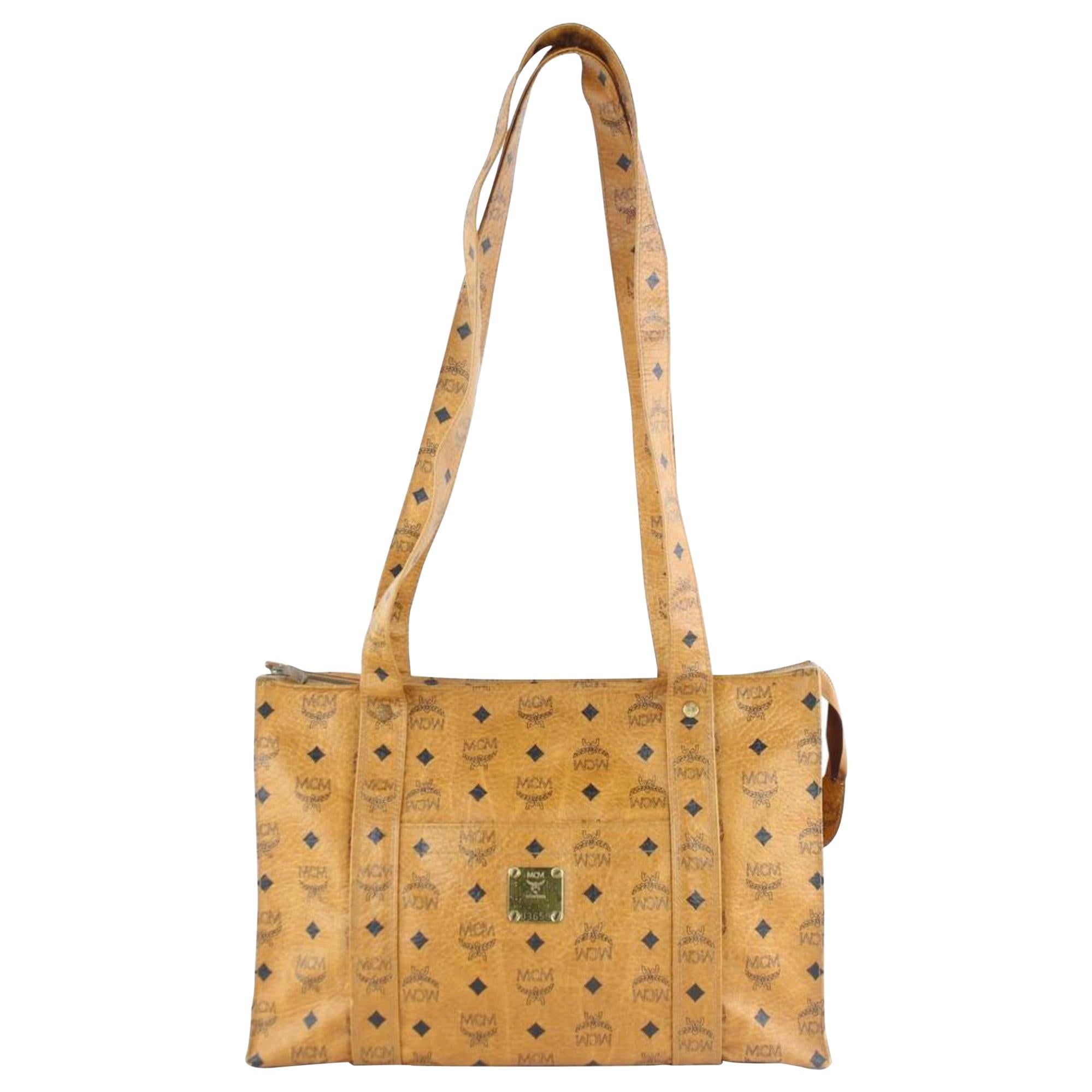 MCM Cognac Monogram Visetos Shopper 230304 Brown Coated Canvas Tote For Sale