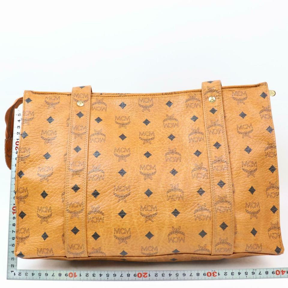 MCM Cognac Monogram Visetos Shopper Tote 870285 Brown Coated Canvas Shoulder Bag In Good Condition For Sale In Dix hills, NY