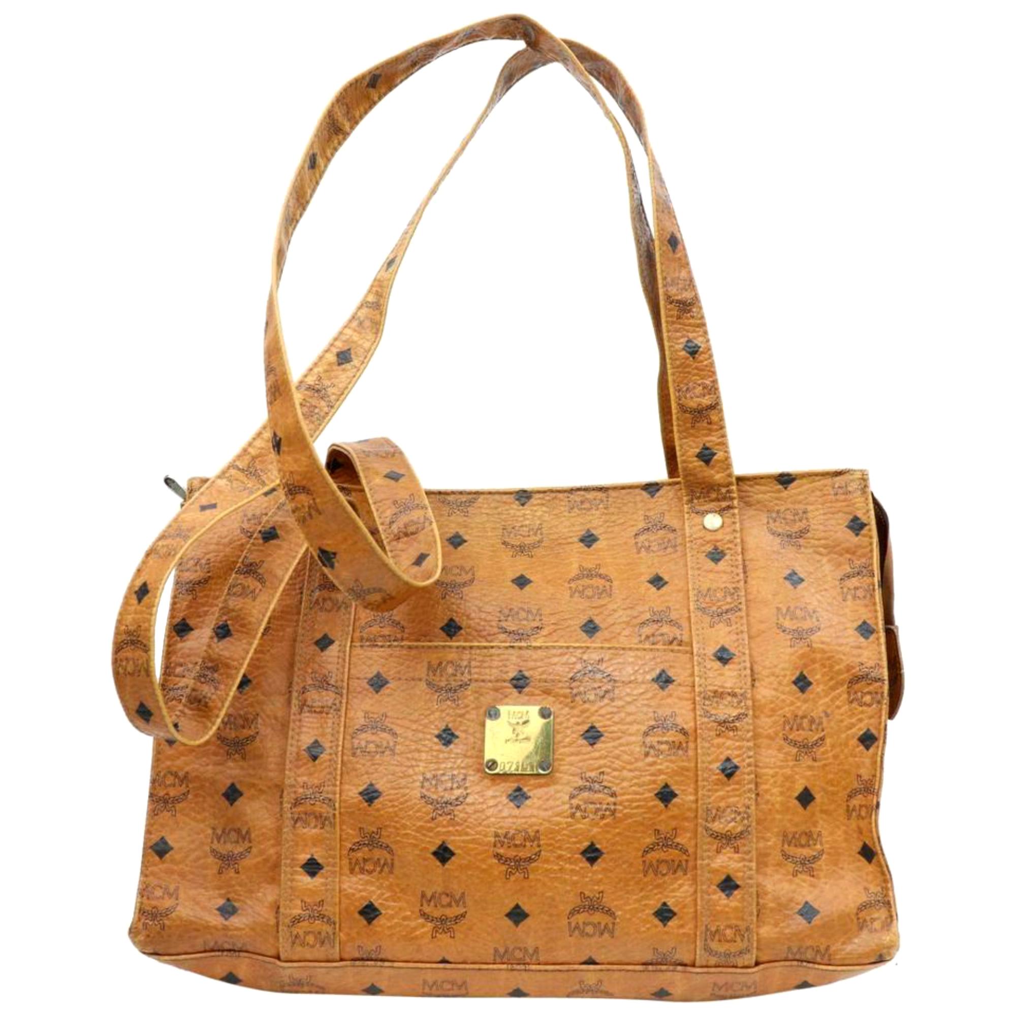 MCM Cognac Monogram Visetos Shopper Tote 870426 Brown Canvas Shoulder Bag For Sale