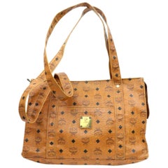 Used MCM Cognac Monogram Visetos Shopper Tote 870426 Brown Canvas Shoulder Bag