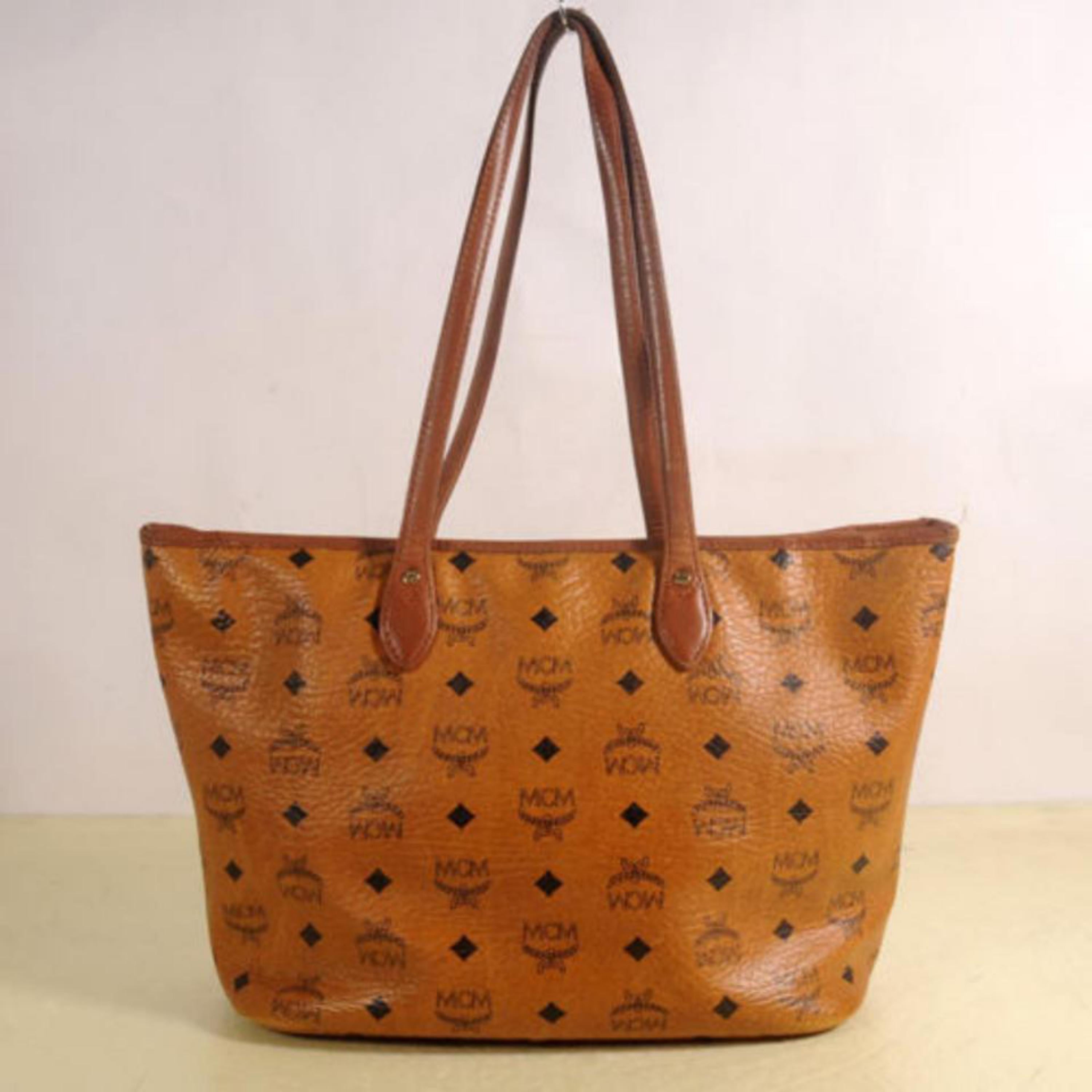 MCM Cognac Monogram Visetos Stripe Liz Shopper 869162 Brown Coated