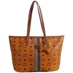MCM Cognac Monogram Visetos Stripe Liz Shopper 869162 Brown Coated Canvas Tote