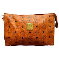 MCM Cognac Monogram Visetos Zip Pouch 868152 Brown Coated Canvas Clutch