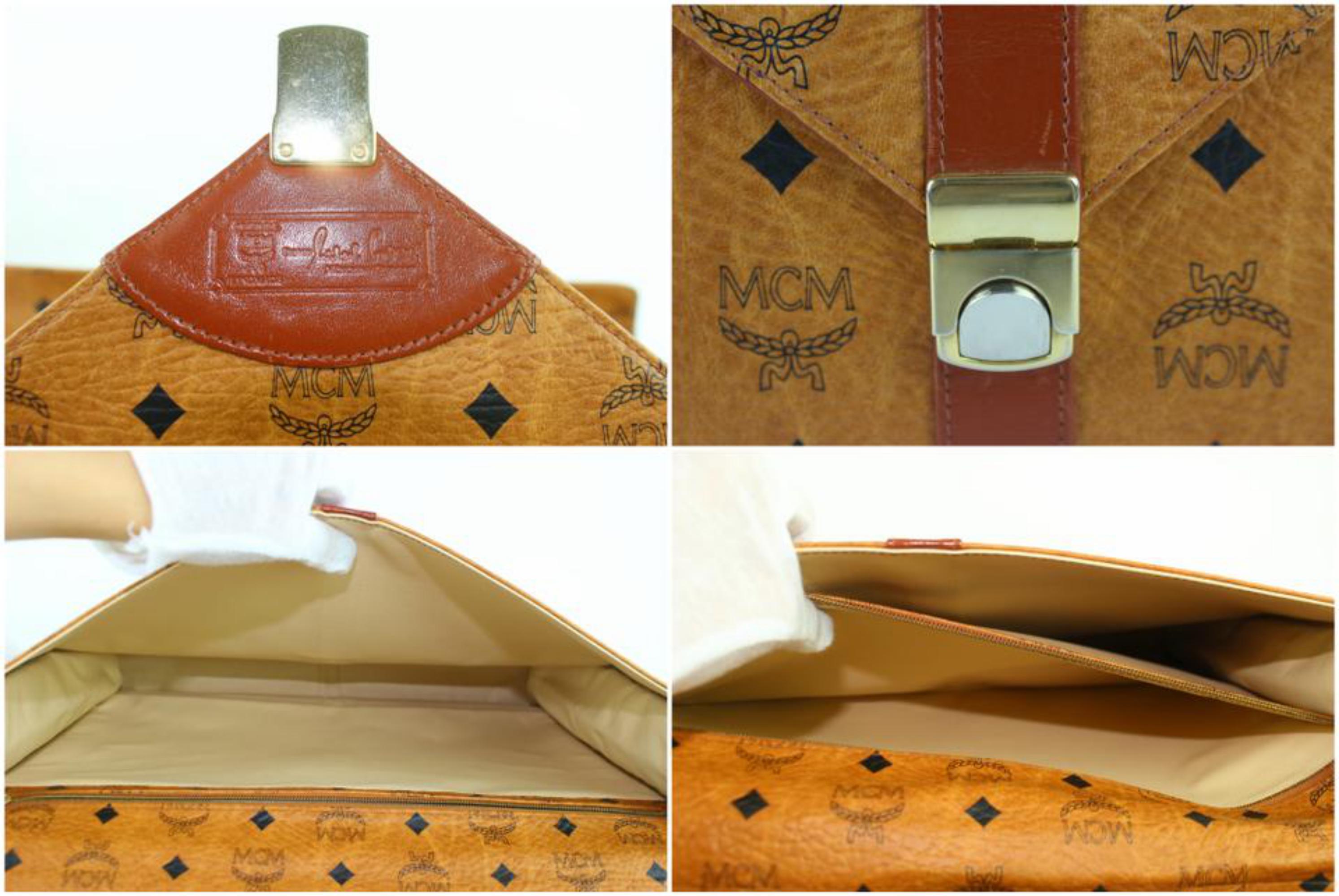 MCM Cognac Visetos Attache Briefcase 10mcz0914 Brown Coated Canvas Laptop Bag In Good Condition For Sale In Forest Hills, NY