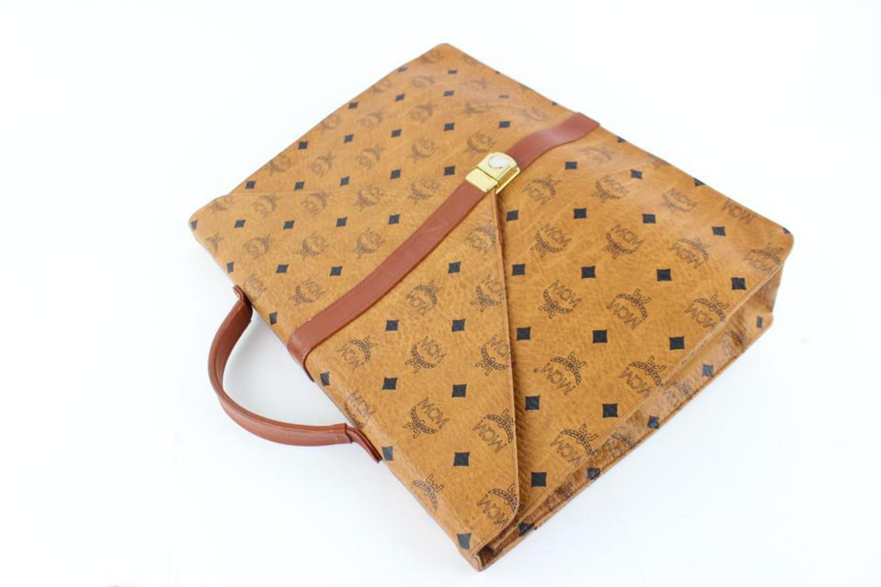 Women's MCM Cognac Visetos Attache Briefcase 10mcz0914 Brown Coated Canvas Laptop Bag For Sale