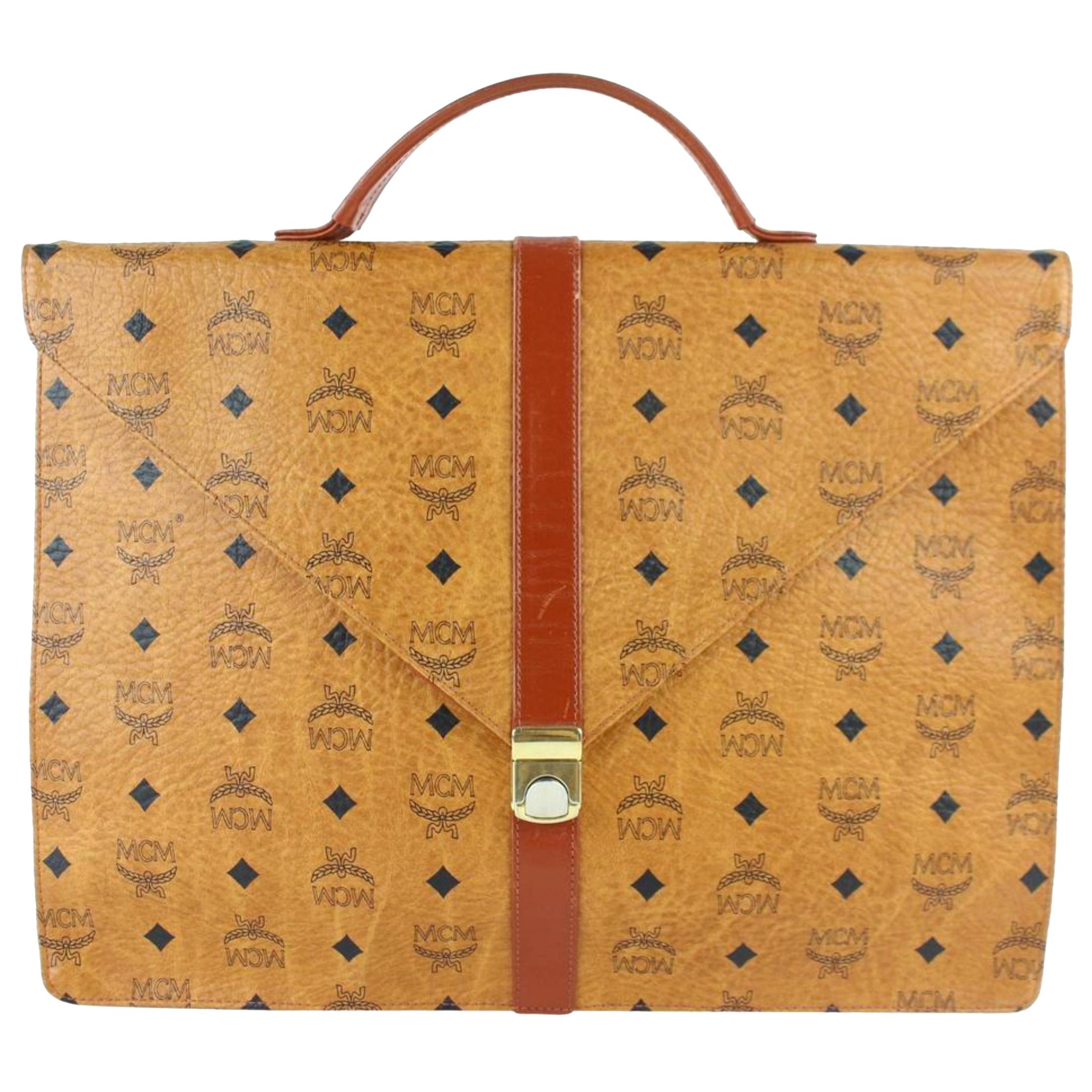MCM Cognac Visetos Attache Briefcase 10mcz0914 Brown Coated Canvas Laptop Bag For Sale