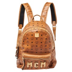 MCM Cognac Visetos Canvas and Leather Trilogie Studded Stark Backpack