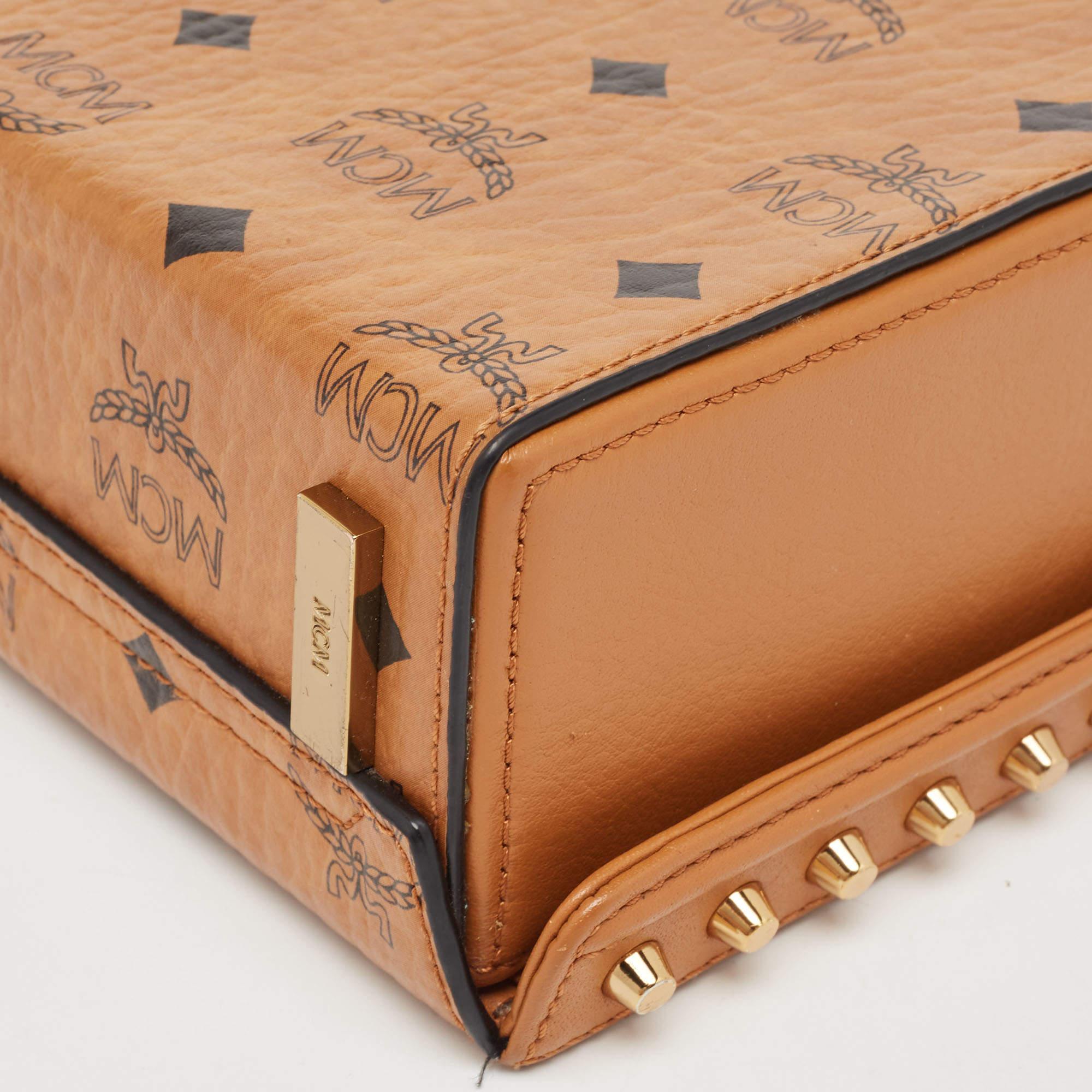 MCM Cognac Visetos Coated Canvas and Leather Berlin Box Bag In Good Condition For Sale In Dubai, Al Qouz 2
