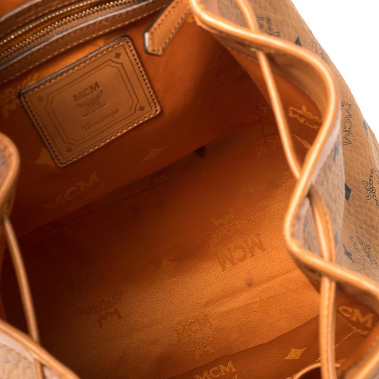 MCM Cognac Visetos Coated Canvas and Leather Heritage Drawstring Bucket Bag  MCM