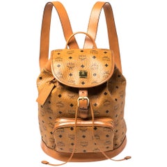 MCM Cognac Visetos beschichtetes Segeltuch und Leder Brandenburg Rucksack mit Kordelzug