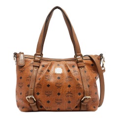 MCM Cognac Visetos Beschichtetes Segeltuch und Leder Essentials Shopper Tote