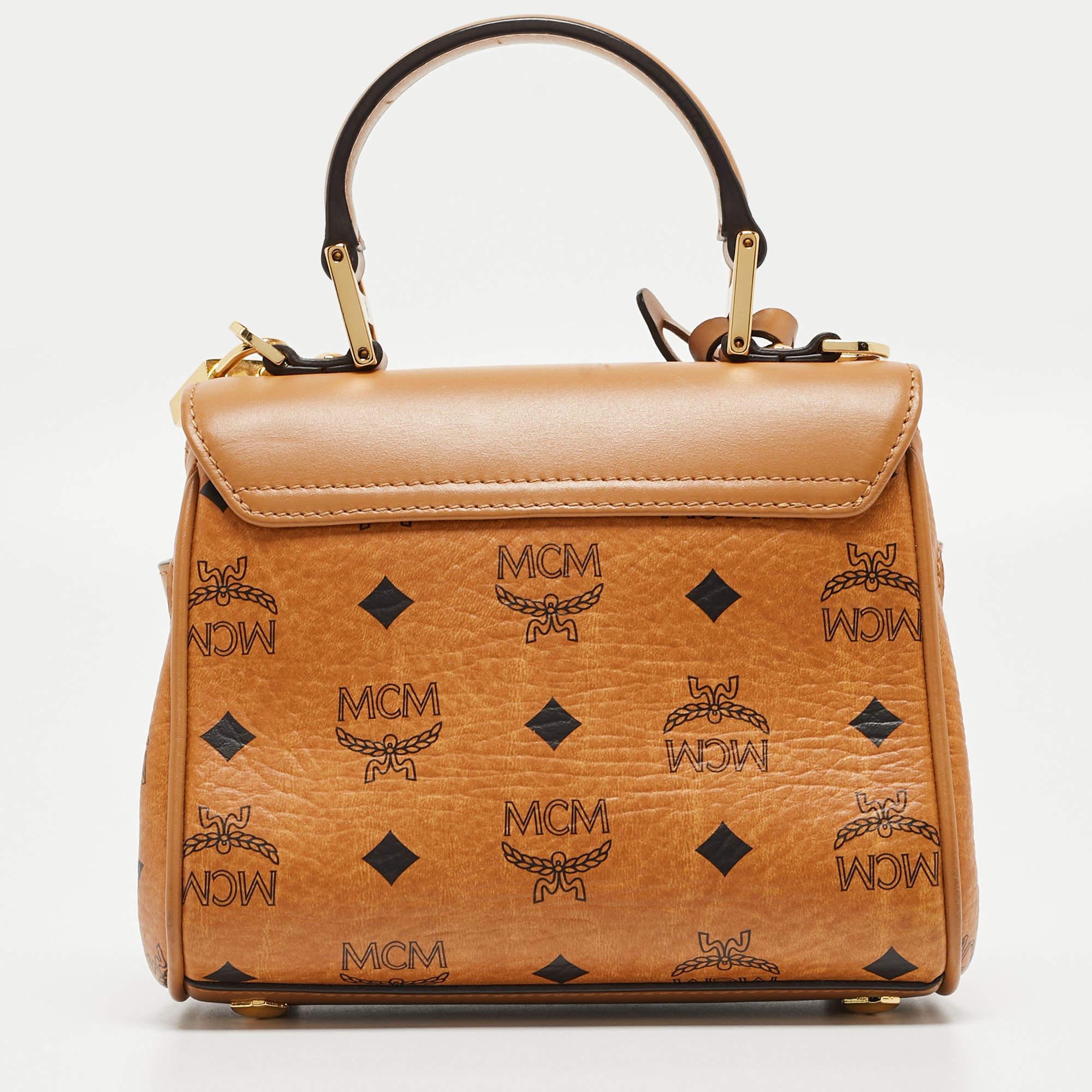 MCM Cognac Visetos Coated Canvas and Leather Mini Heritage Top Handle Bag 3