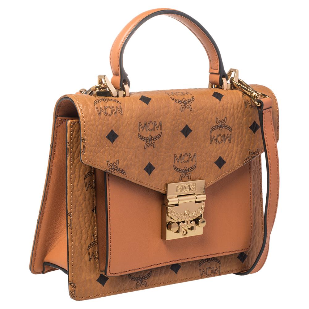 MCM Cognac Visetos beschichtetes Segeltuch und Leder Patricia Top Handle Bag im Zustand „Neu“ in Dubai, Al Qouz 2