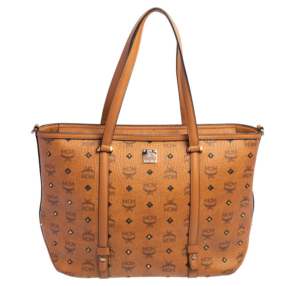 MCM Cognac Visetos Coated Canvas and Leather Shopper Tote at 1stDibs