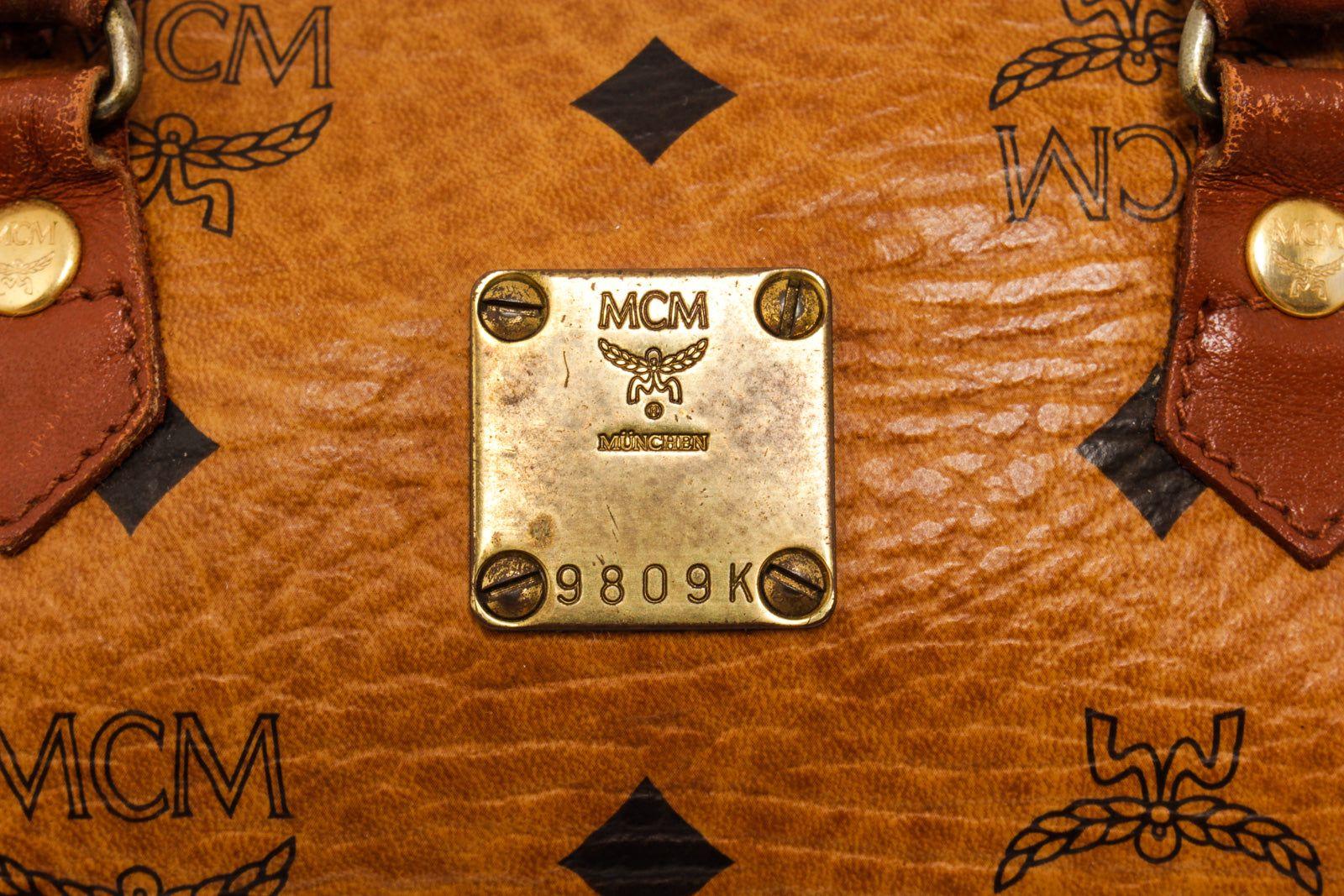 MCM Cognac Visetos Coated Canvas Mini Boston Bag In Good Condition In Irvine, CA