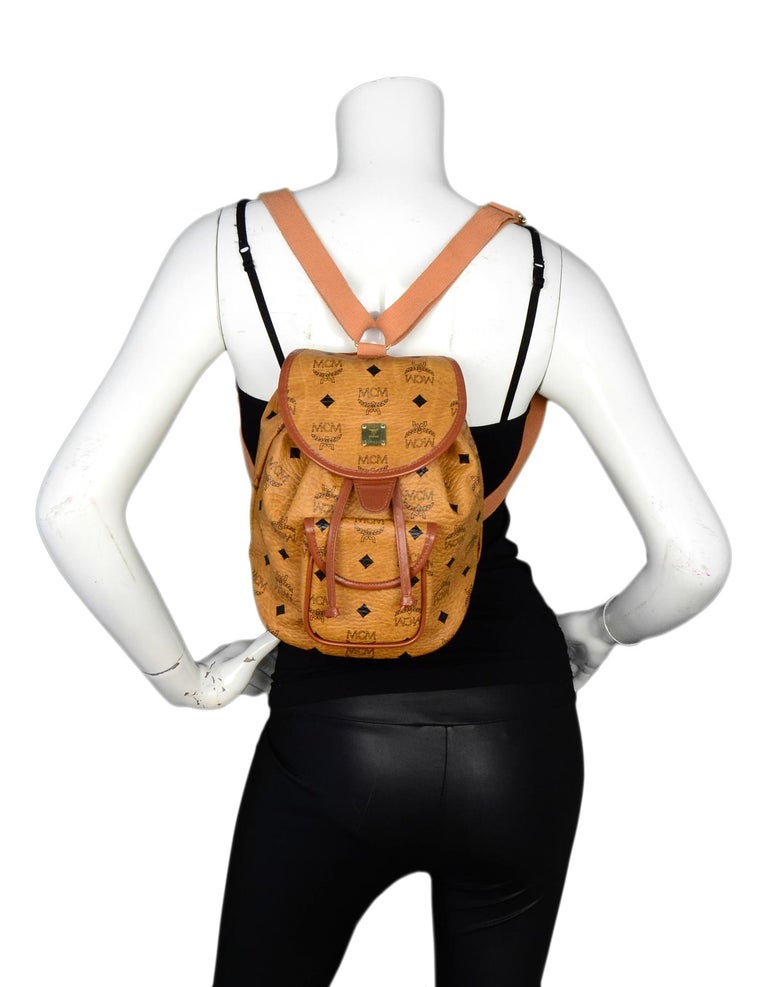 MCM Cognac Visetos Coated Canvas Monogram Drawstring Mini Backpack Bag