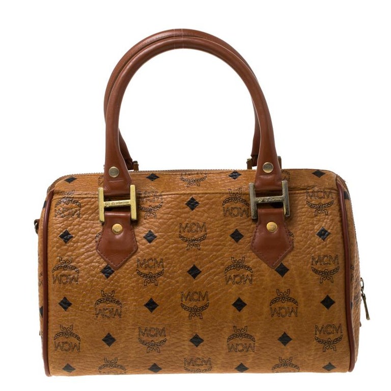 Mcm Cognac Visetos Coated Canvas Small Heritage Boston Bag