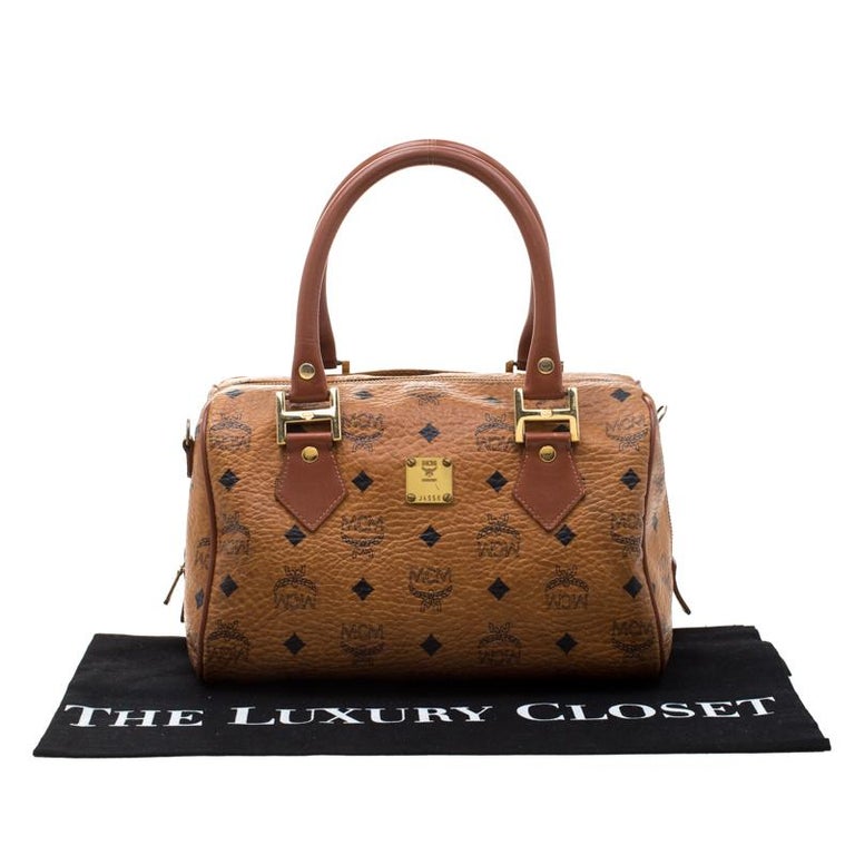 MCM Cognac Visetos Coated Canvas Small Heritage Boston Bag For Sale at