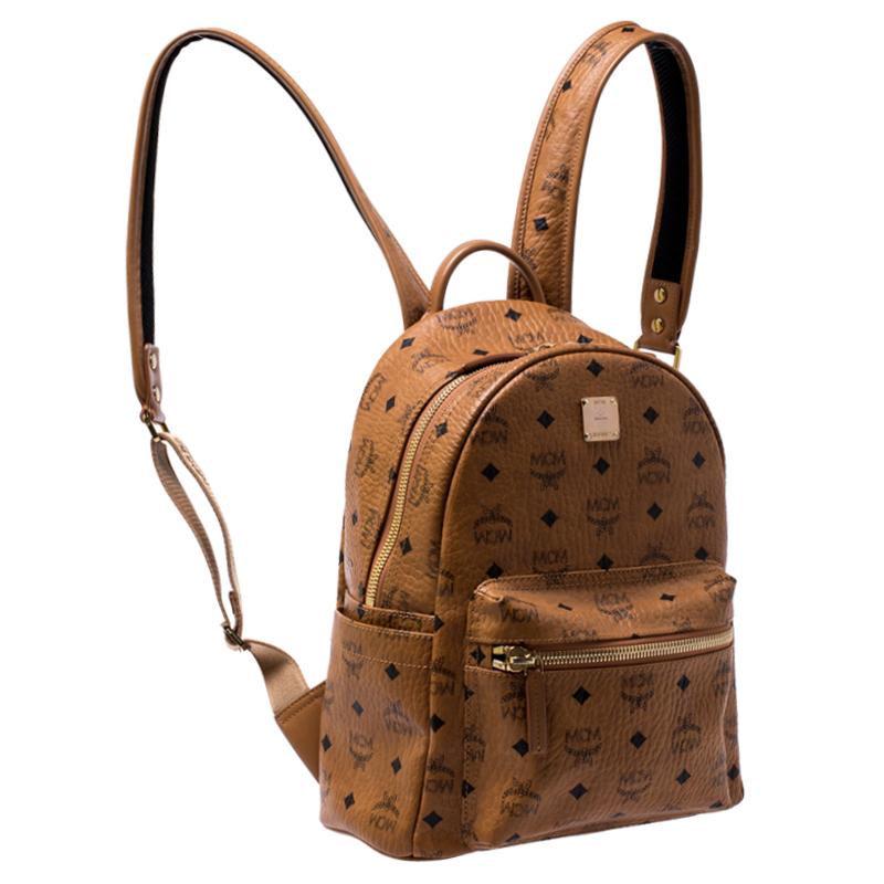 MCM Cognac Visetos Coated Canvas Small Studs Stark Backpack In Good Condition In Dubai, Al Qouz 2