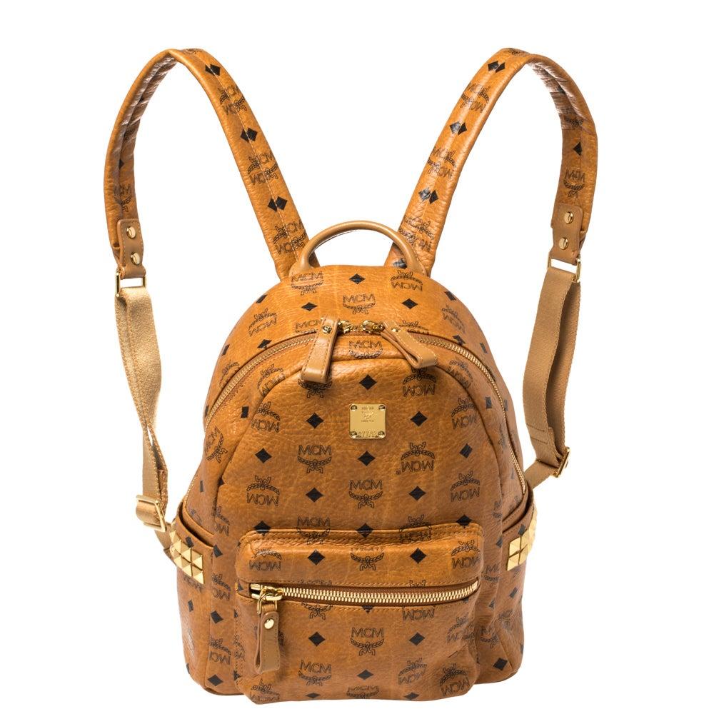 MCM Cognac Visetos Coated Canvas Small Studs Stark Backpack