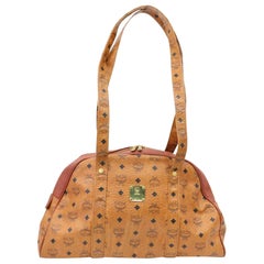 Used MCM Cognac Visetos Dome Zip Tote 870050 Brown Coated Canvas Shoulder Bag